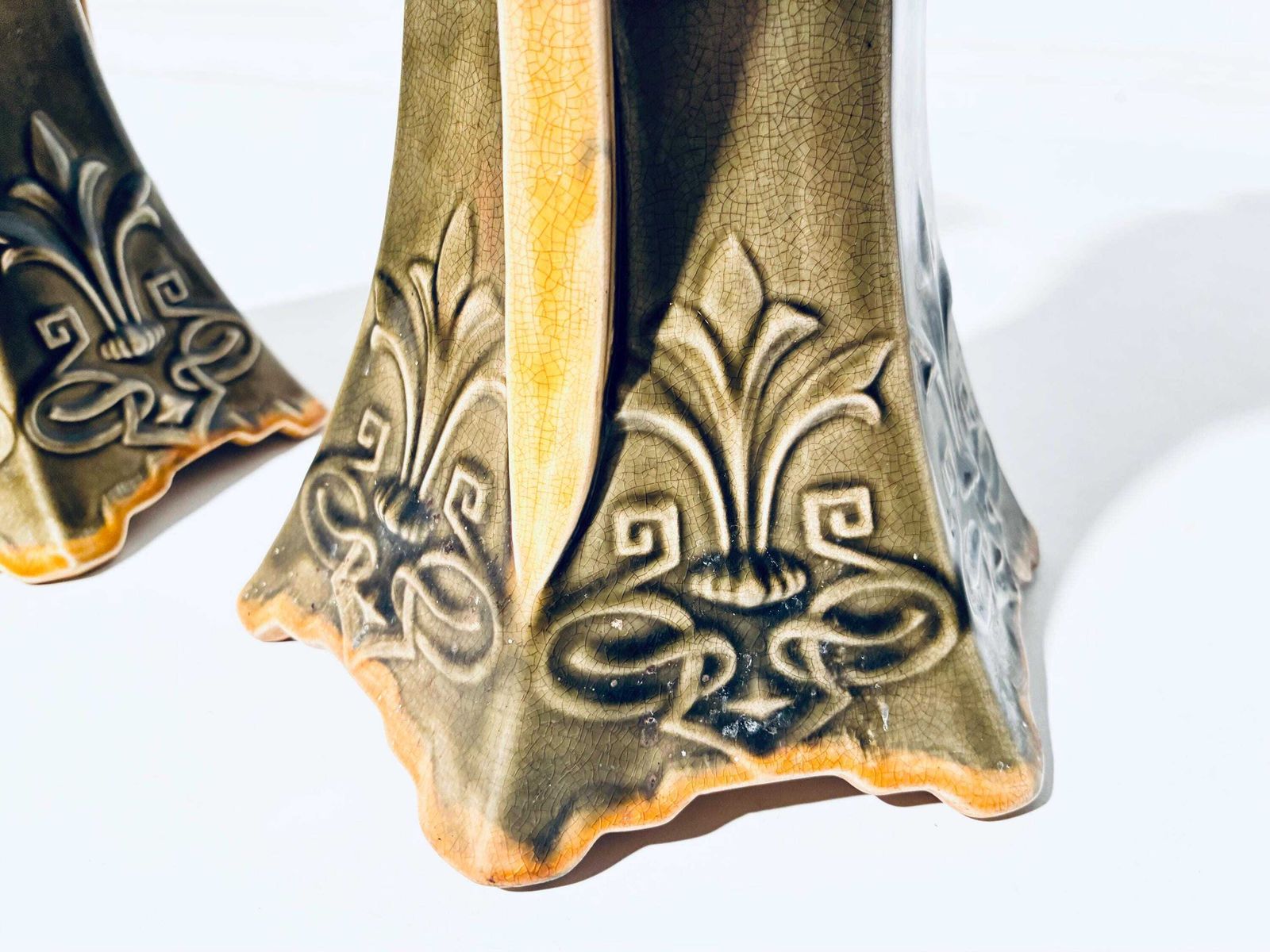 photo for sale Two Art Nouveau Frie Onnaing Pansy Floral Motif Ceramic Vases / 1900s French Majolica / 785
