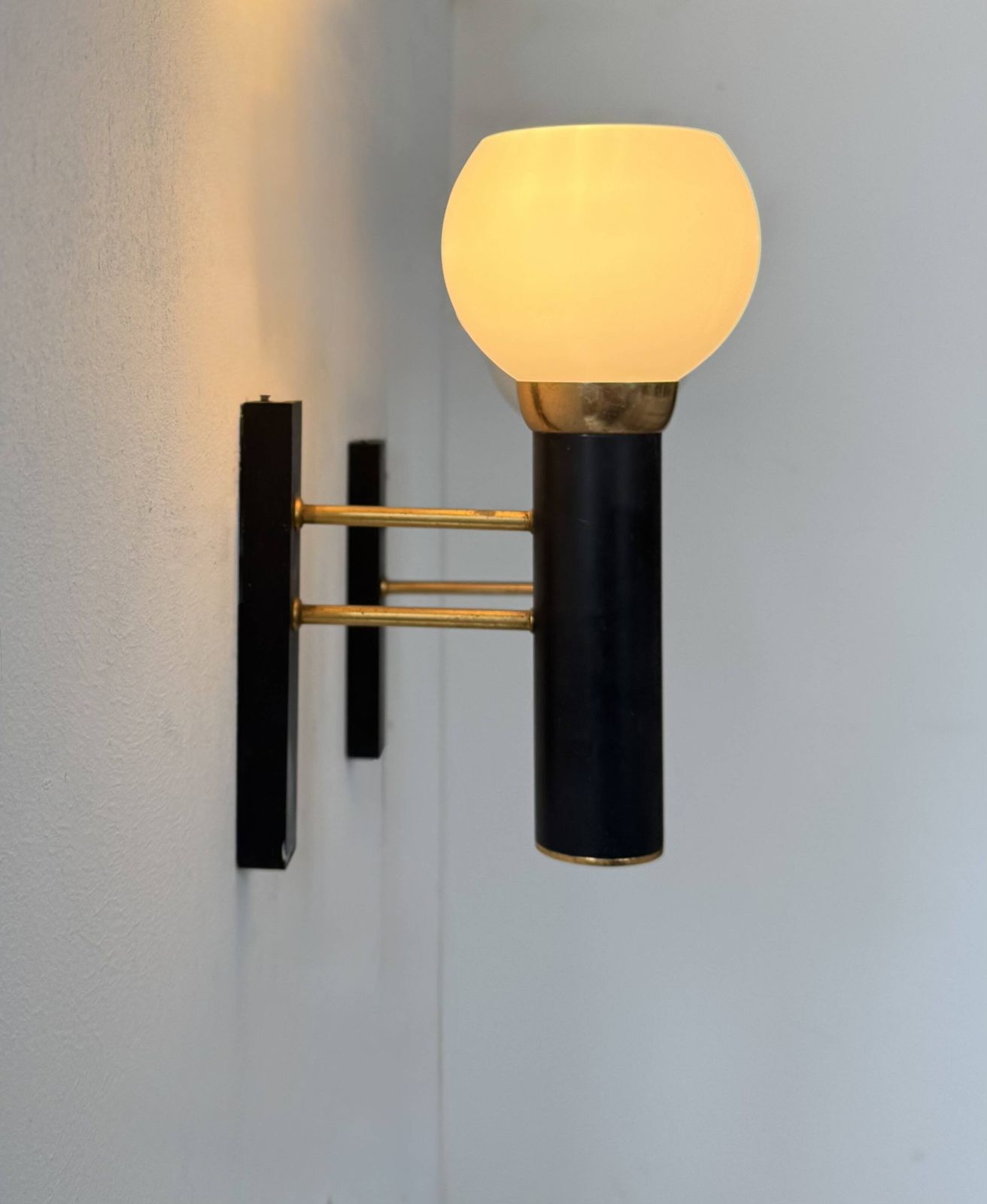 Pair Of Vintage Wall Lights, Opaline Brass And Matte Black Metal, France, 1950 photo for sale