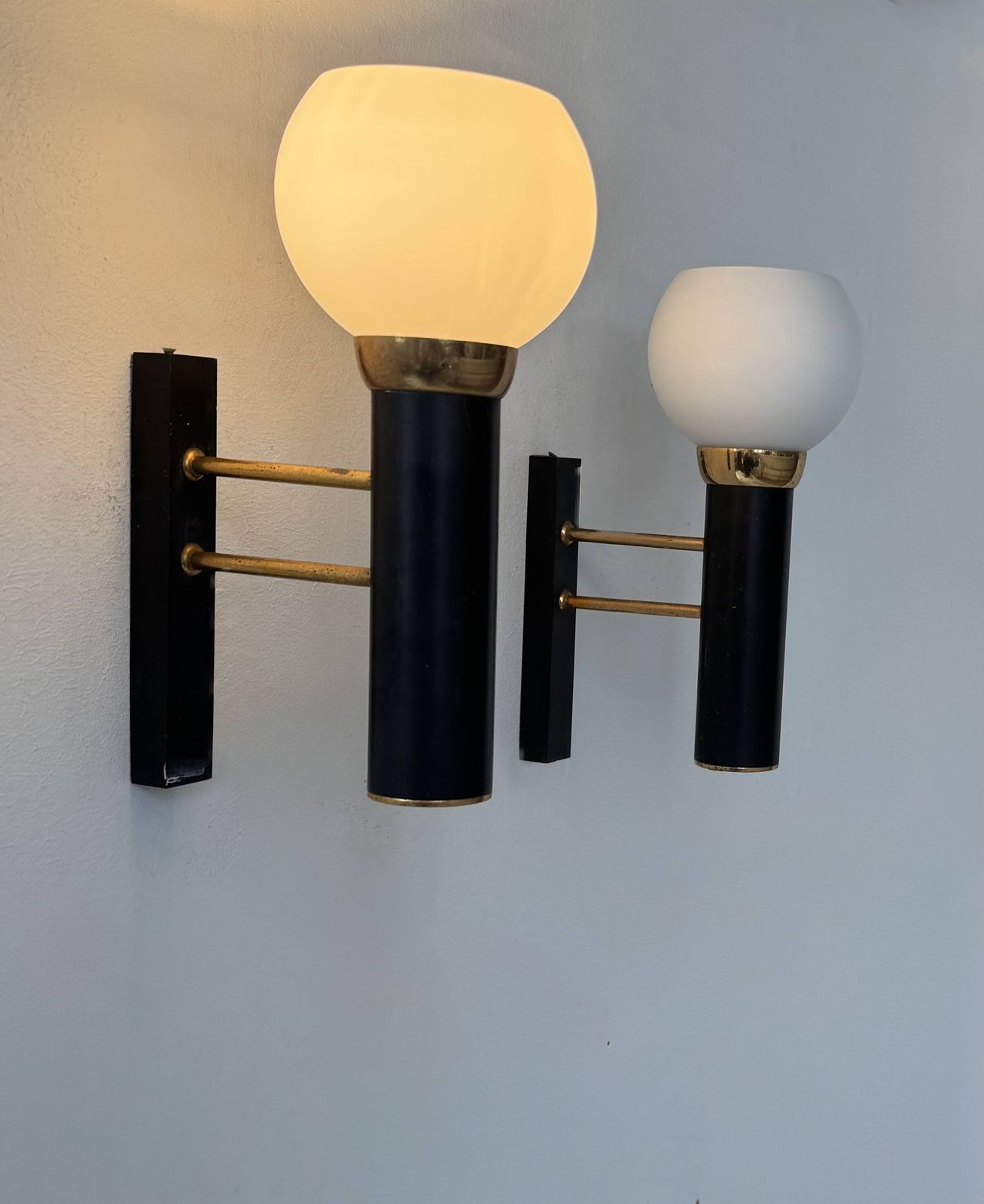 Pair Of Vintage Wall Lights, Opaline Brass And Matte Black Metal, France, 1950 photo Lighting