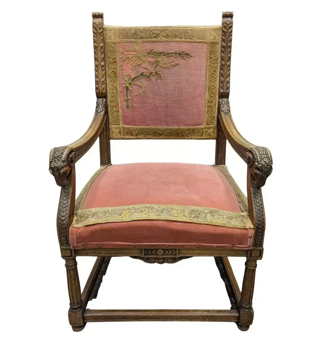 Pair Of Renaissance Style Walnut Armchairs Decorated With Rams' Heads photo for sale