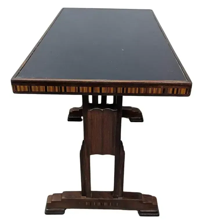Pair Of 1930s Art Deco Bistro Tables In Marquetry And Black Opaline Glass photo for sale