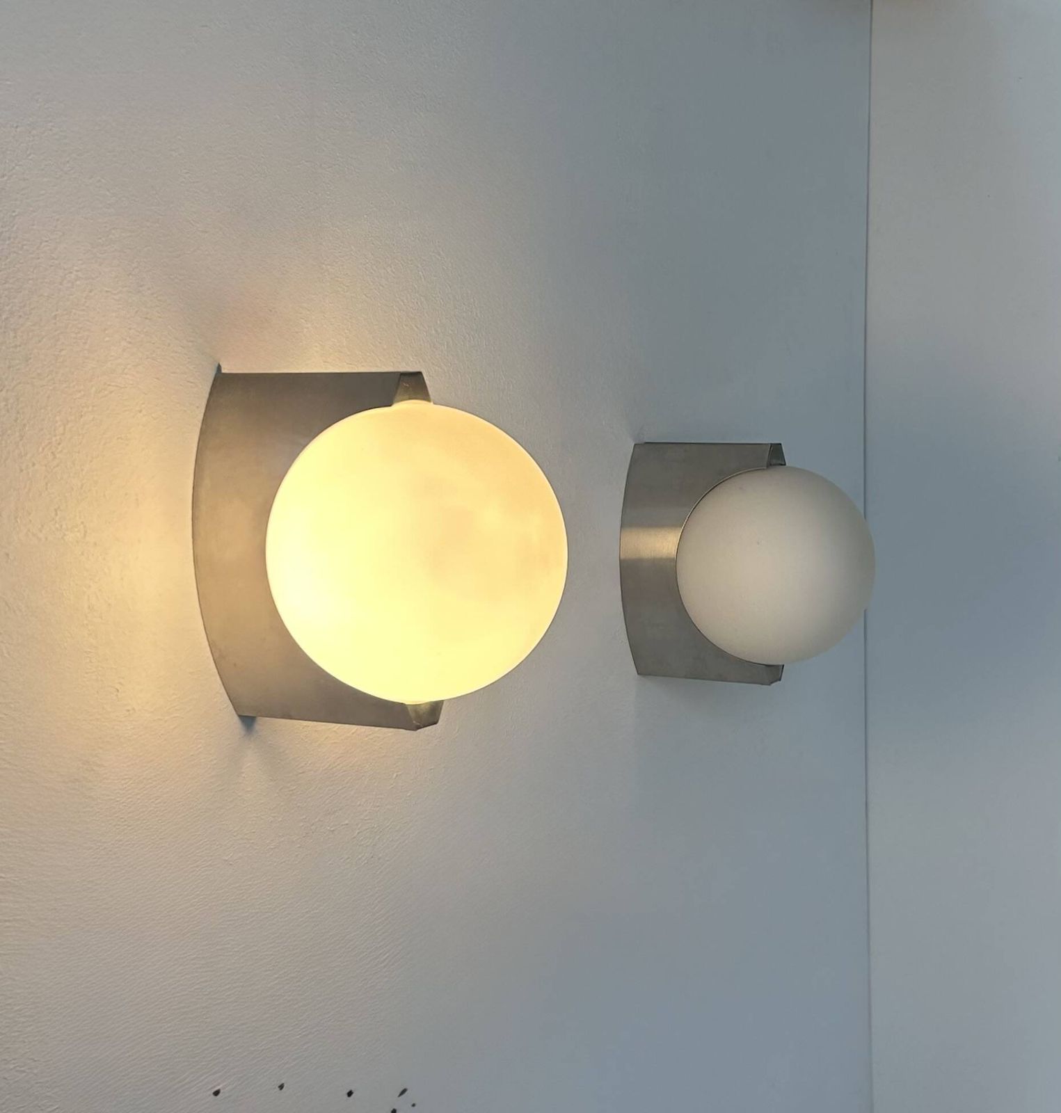 Page 1 Of 9 Pair Of Vintage Wall Lights, Brushed Metal And Opaline Glass, France, 1990 photo furniture