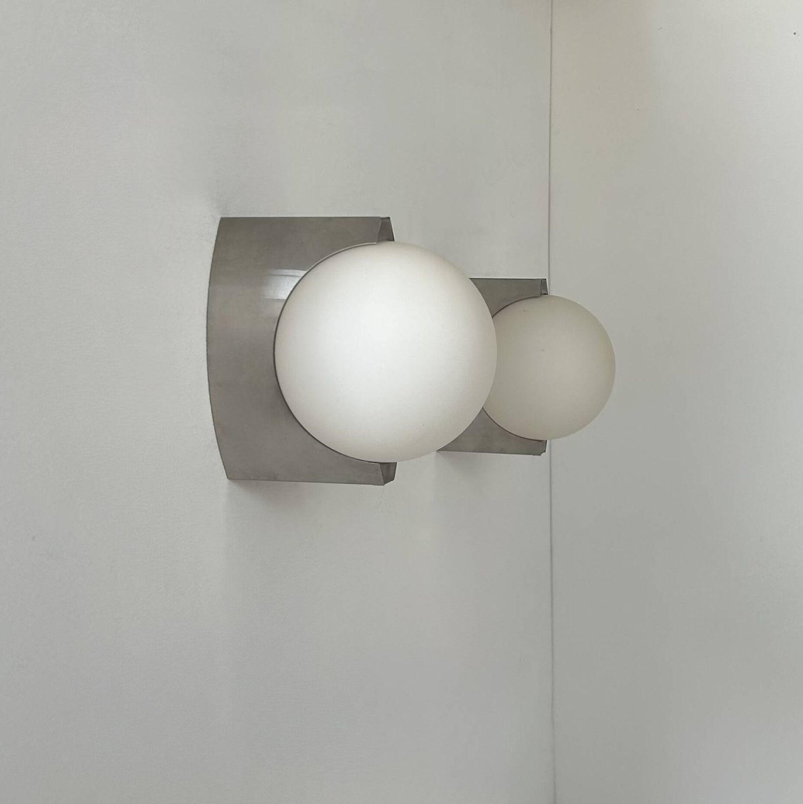 Page 1 Of 9 Pair Of Vintage Wall Lights, Brushed Metal And Opaline Glass, France, 1990 photo for sale
