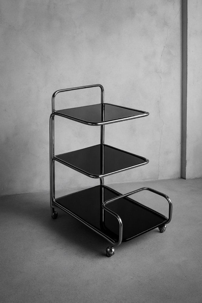 Vintage Mid Century Modern Duits Bauhaus Serveerwagen Van Chroom En Glas, Ca. Jaren 1960