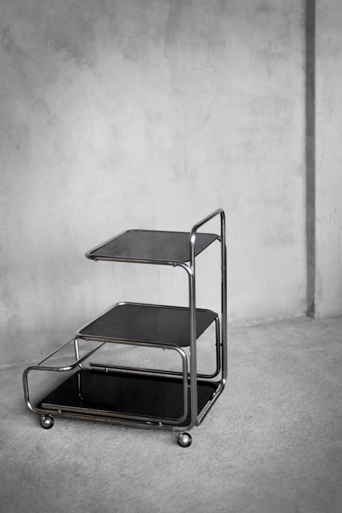 Vintage Mid Century Modern German Bauhaus Chrome & Glass Serving Trolley, 1960s photo vinterior
