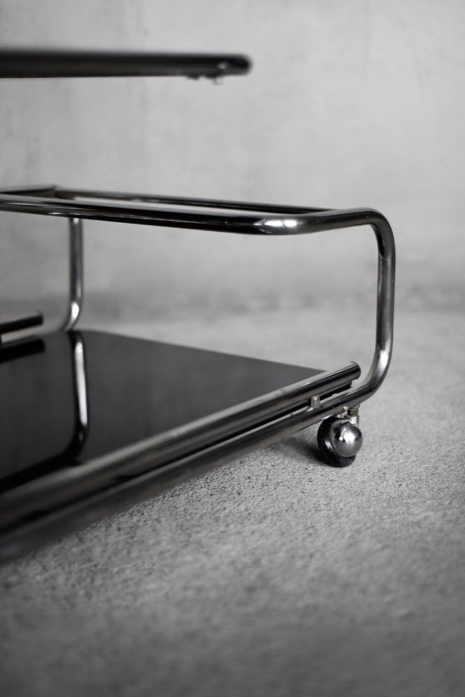 photo buy Vintage Mid Century Modern German Bauhaus Chrome & Glass Serving Trolley, 1960s