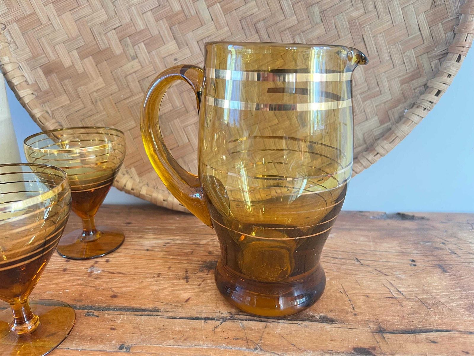 photo for sale Mid Century Hand Blown Amber Glass Pitcher And 4 Stemware Set | Bohemian Smoke Glass Jug With Gold Banding | Vintage Czech Cocktail Barware