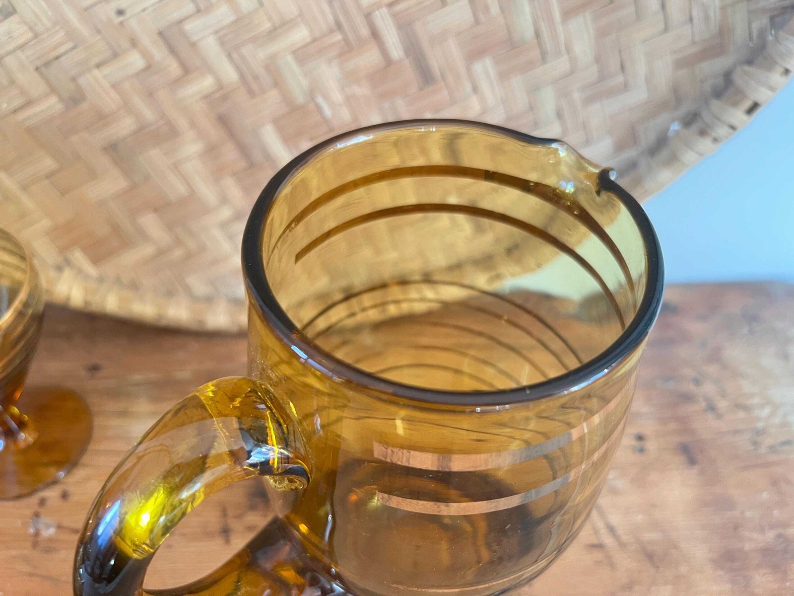 photo buy Mid Century Hand Blown Amber Glass Pitcher And 4 Stemware Set | Bohemian Smoke Glass Jug With Gold Banding | Vintage Czech Cocktail Barware