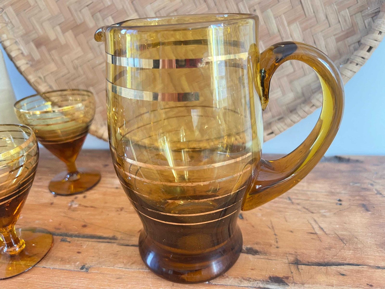 photo vintage Mid Century Hand Blown Amber Glass Pitcher And 4 Stemware Set | Bohemian Smoke Glass Jug With Gold Banding | Vintage Czech Cocktail Barware