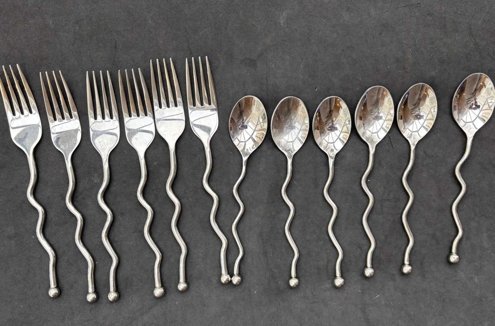 Set 24 Flatware Twist Cutlery Twisted Forged Brutalist Decor Medieval Viking Postmodern Flatware Handmade 6 Couple Gift Wedding photo for sale