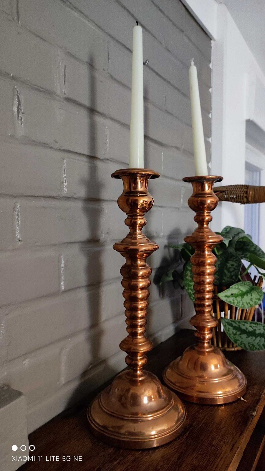 866.0 Antique Copper Tall Candlestick Holders 14.7", Arts And Crafts Candleholders photo