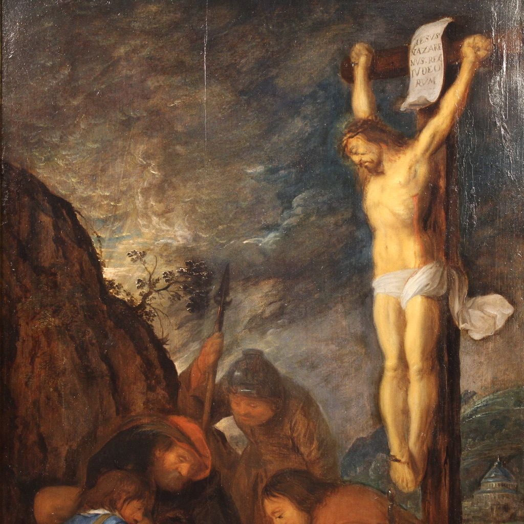 Antique Flemish Painting On Panel From The 17th Century, Crucifixion With Soldiers photo for sale