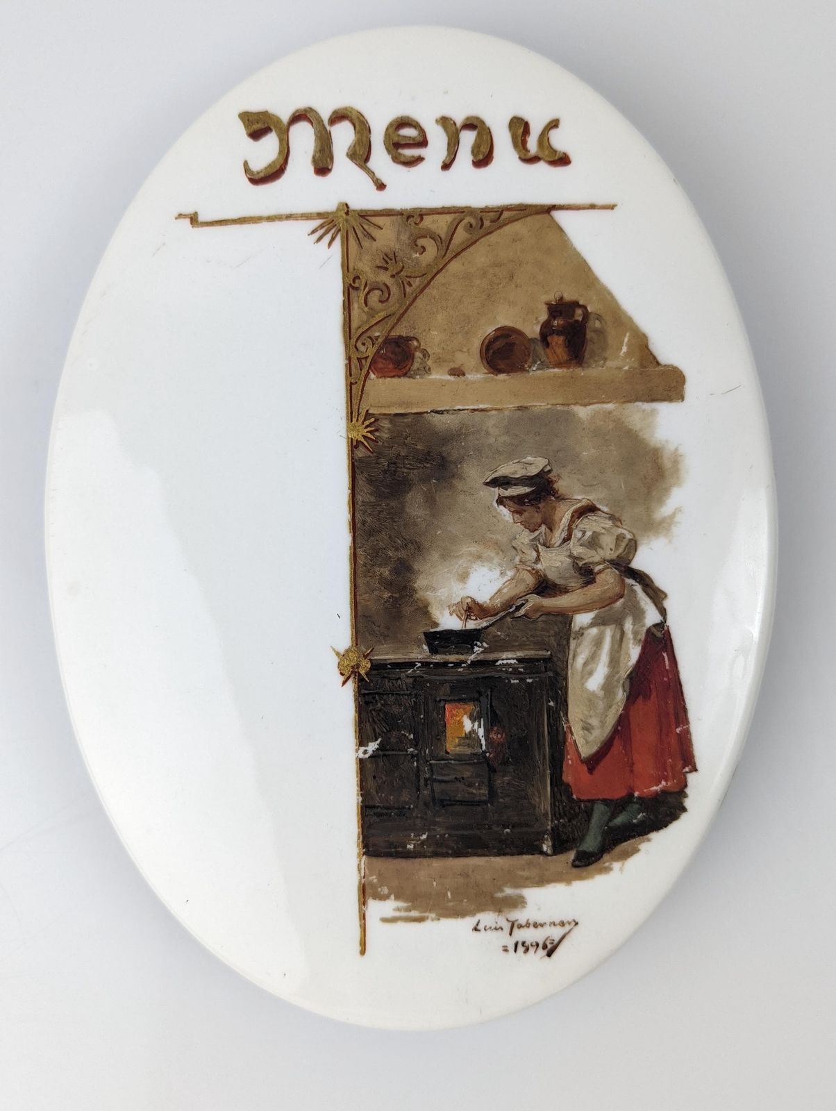 Luis Taberner Menu Plate In Oil On Porcelain Madrid 1896 photo for sale