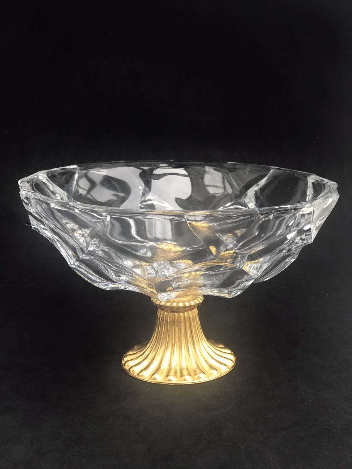 Val Saint Lambert Crystal Compote Bowl: Hollywood Regency Golden Bronze Pedestal photo buy