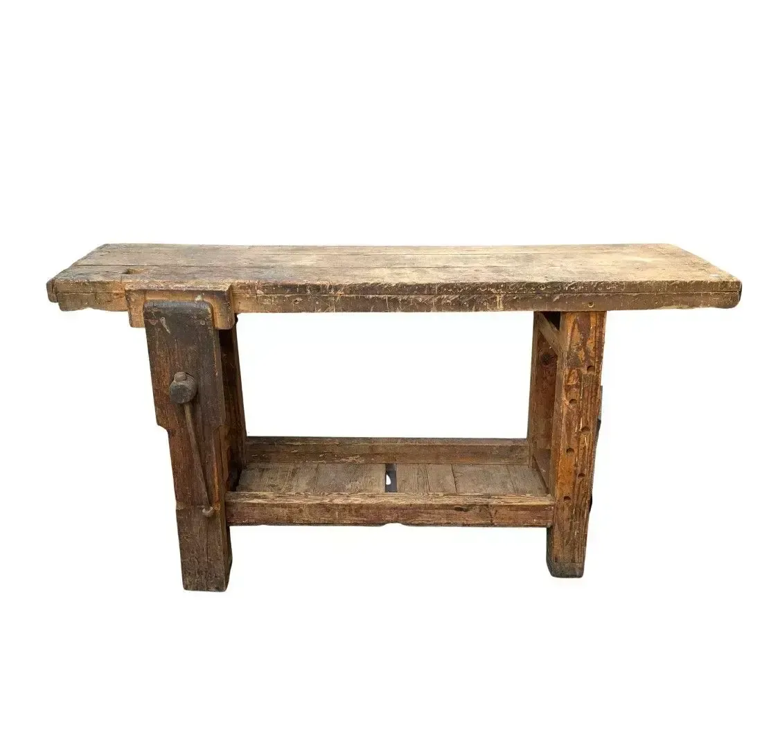 Rustic Carpenter's Workbench With Vise, Early 20th Century