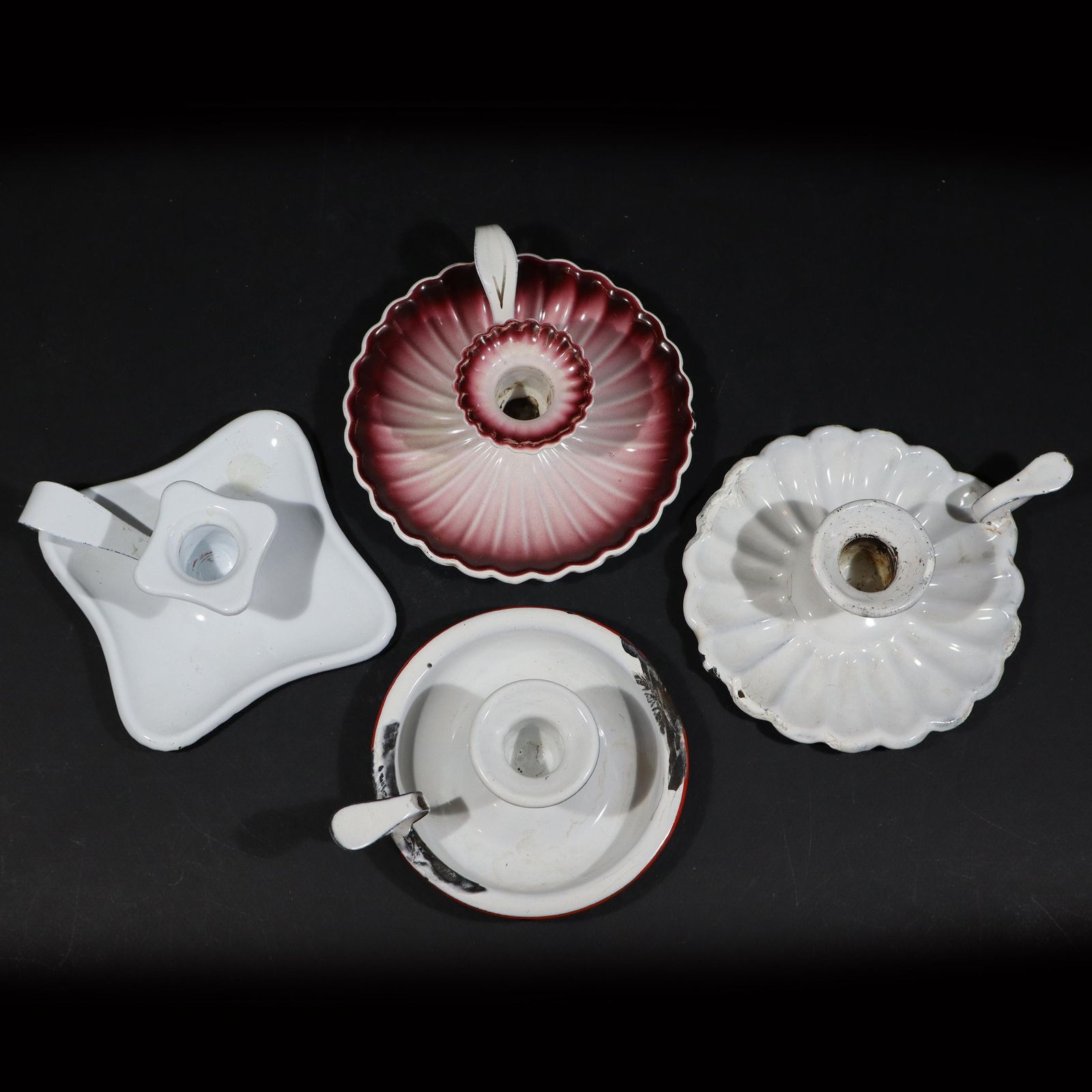 Antique French Enamel Candleholders, Set Of 4 Different Chambersticks photo 140.0