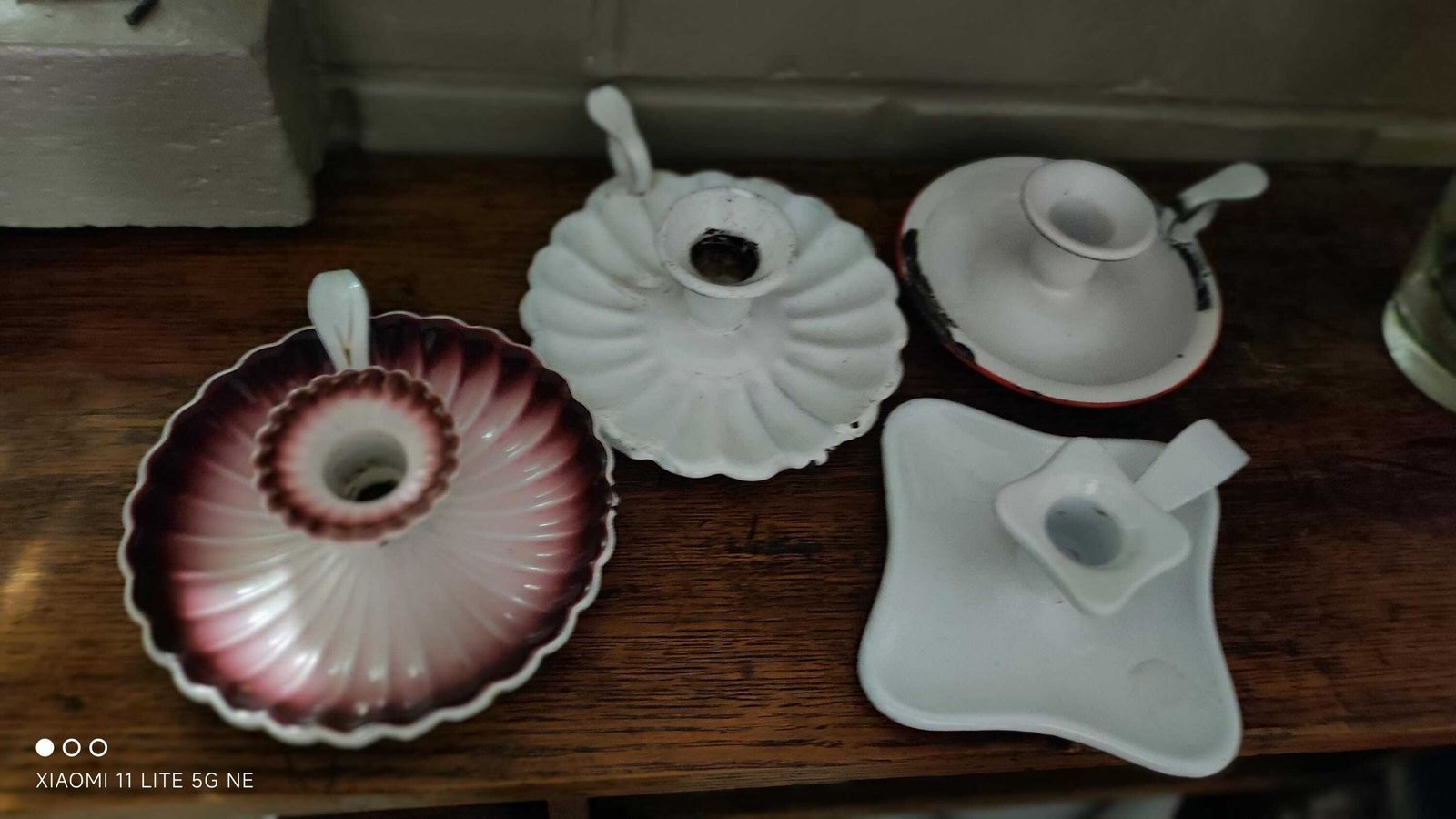 photo vinterior Antique French Enamel Candleholders, Set Of 4 Different Chambersticks