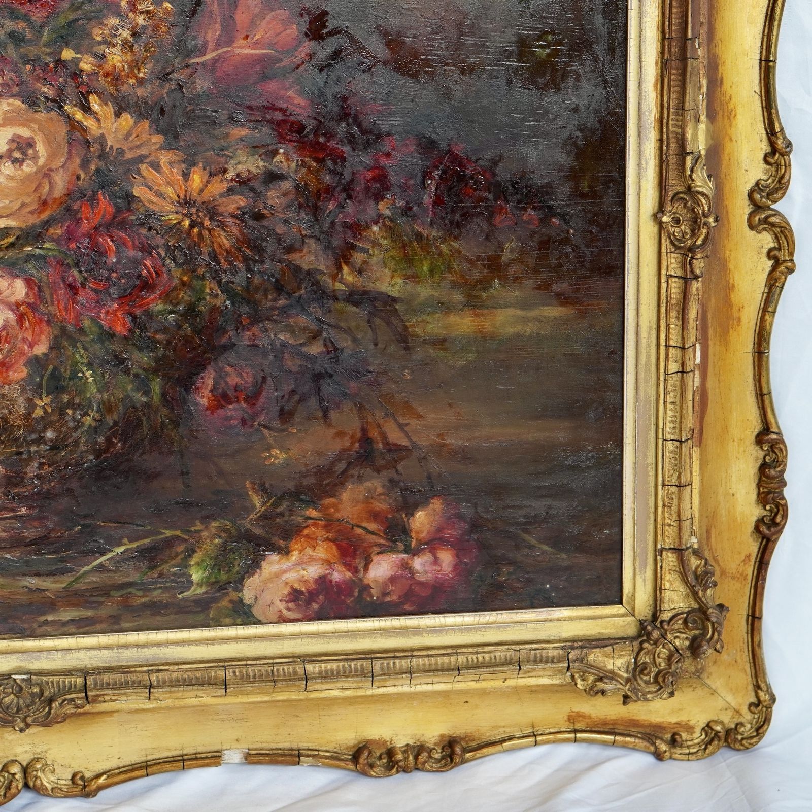 19th Century English School Still Life Of Flowers Oil On Canvas Painting photo vintage