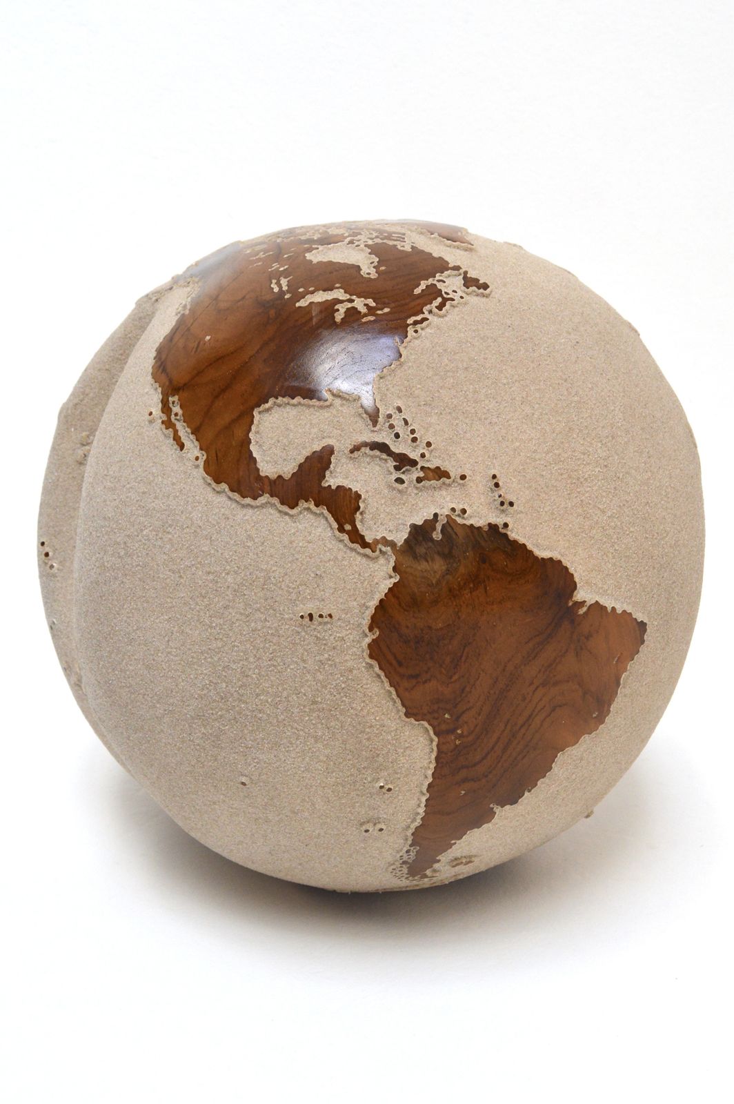 White Teak Wood & Volcanic Sand Globe By Bruno Helgen 40 Cm /  Id 003 Globe Sculpture photo furniture