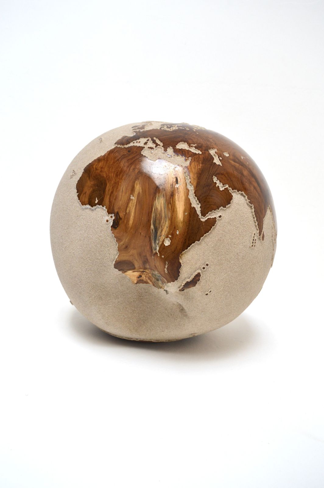 White Teak Wood & Volcanic Sand Globe By Bruno Helgen 40 Cm /  Id 003 Globe Sculpture photo vinterior