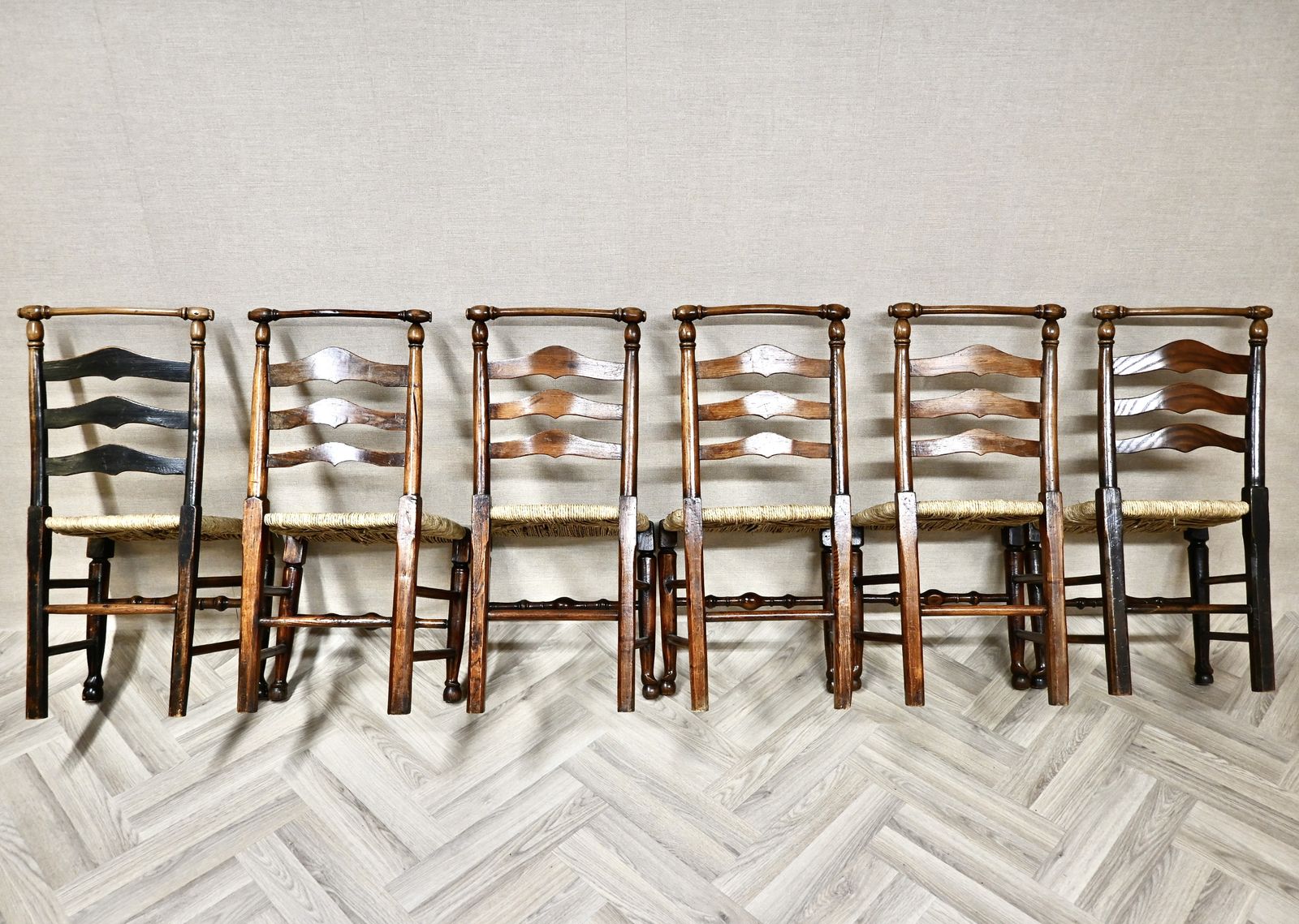 Set Of 6 Antique Ladderback Dining Kitchen Chairs With Rush Seats photo furniture