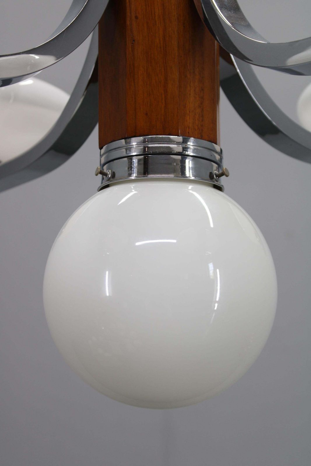 photo furniture Art Deco Chrome And Walnut Chandelier With Milky Glass Shades, Czechoslovakia, 1
