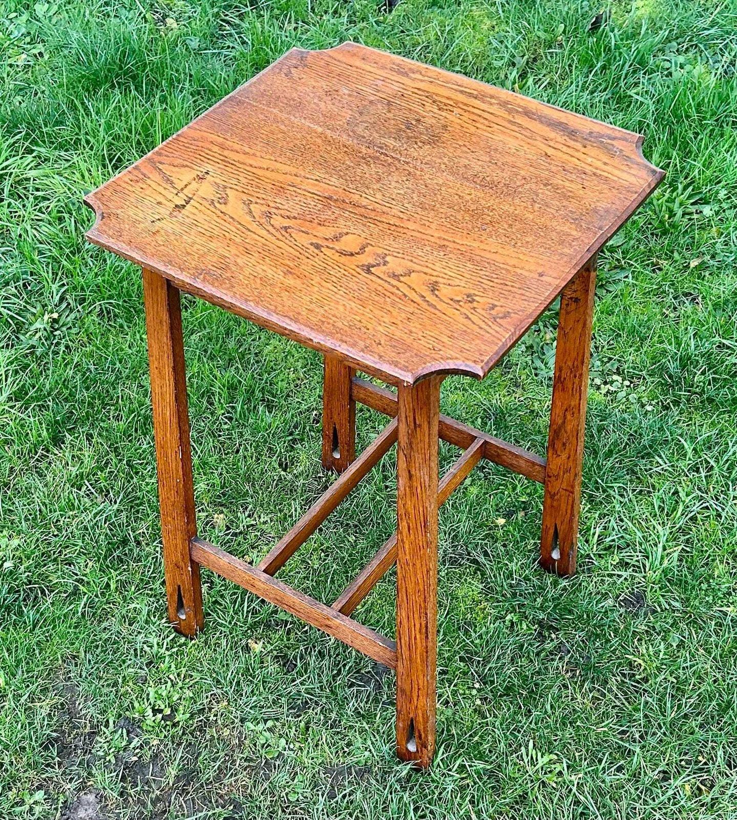 Arts And Crafts Oak Antique Side Table Vintage Wooden Victorian Hall Desk Industrial Occasional photo for sale