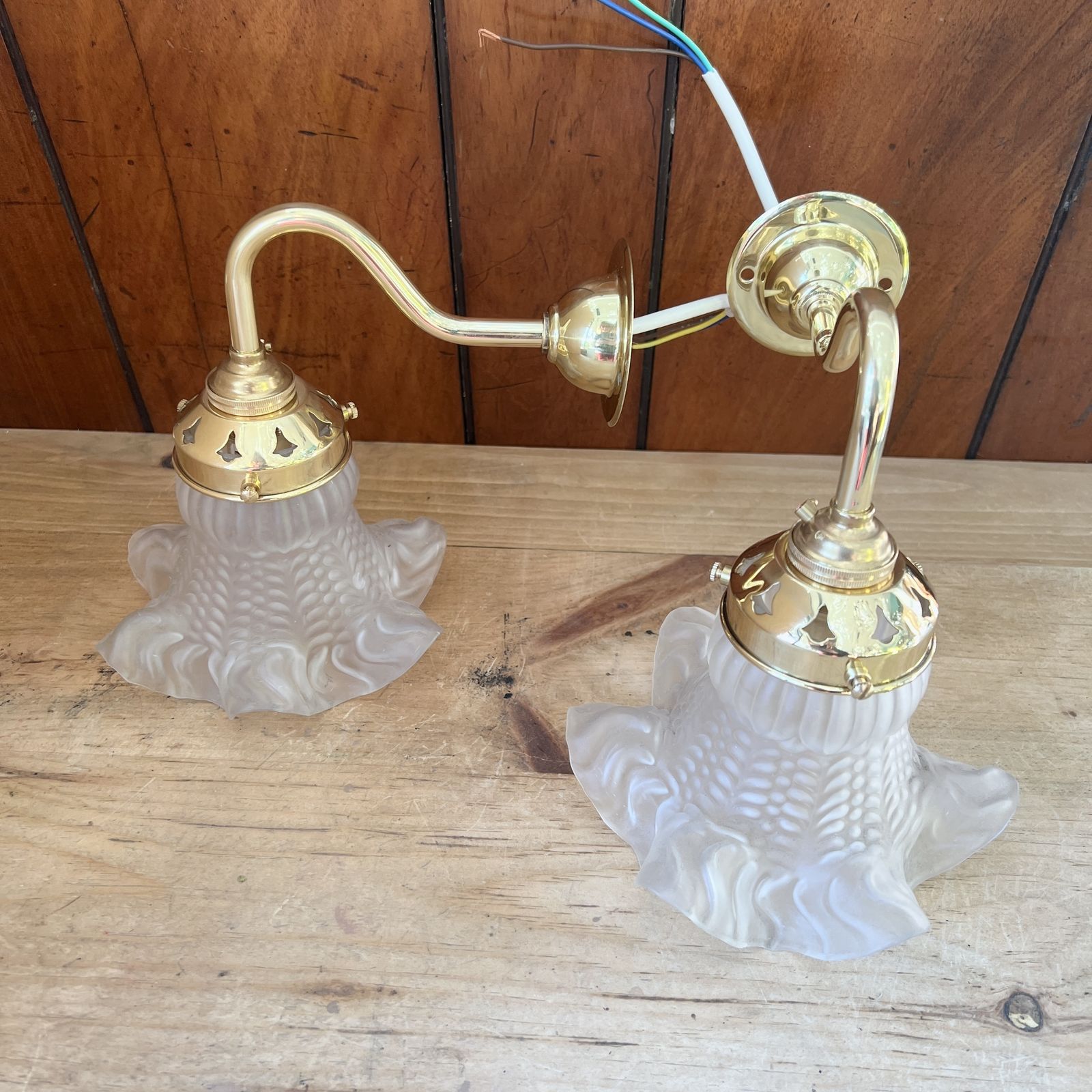 Pair Of Frosted Frill Glass Shade Wall Lights In Polished Brass photo Lighting