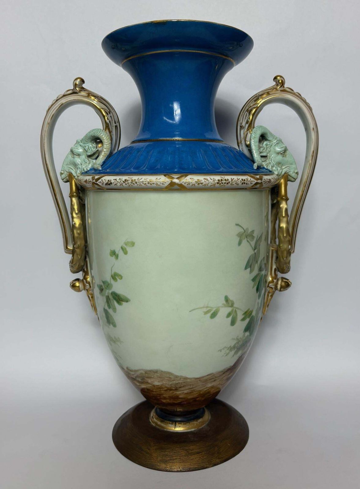 Large 19th‑Century Continental Sèvres‑Style Vase With Ram‑Mask Handles, Hand‑Painted Maiden Scene, 38 Cm photo furniture