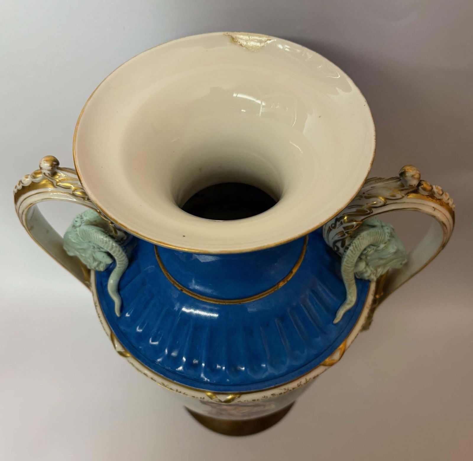 Large 19th‑Century Continental Sèvres‑Style Vase With Ram‑Mask Handles, Hand‑Painted Maiden Scene, 38 Cm photo for sale