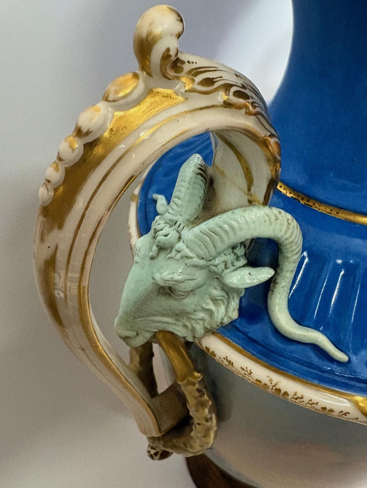 Large 19th‑Century Continental Sèvres‑Style Vase With Ram‑Mask Handles, Hand‑Painted Maiden Scene, 38 Cm photo 245.0