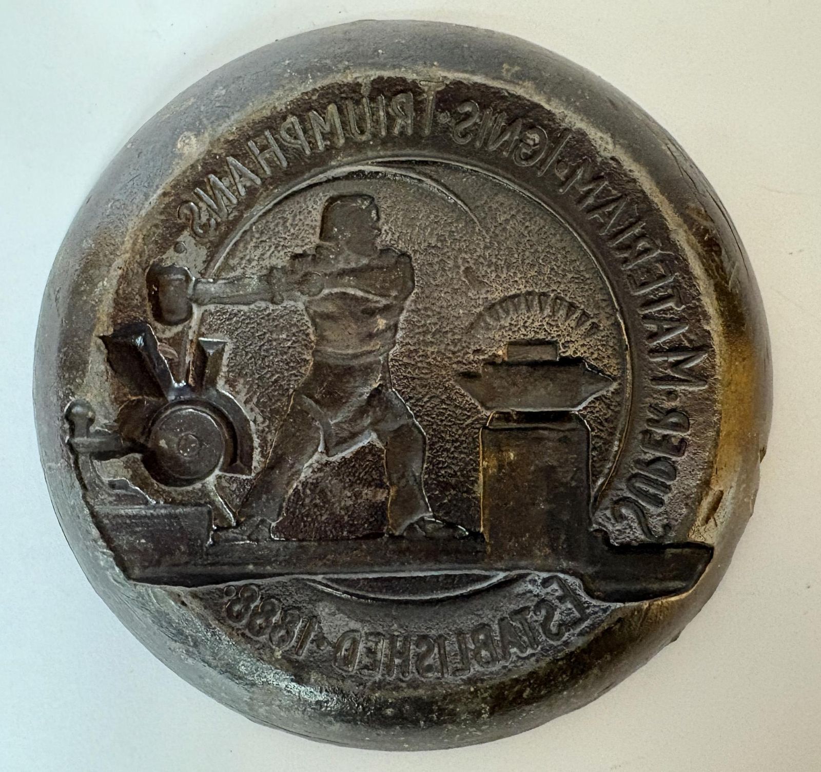 Early 20thc J.K. Smit Cast Iron Advertising Mould – “Super Materiam Ignis Triumphans” – 12.5cm photo furniture