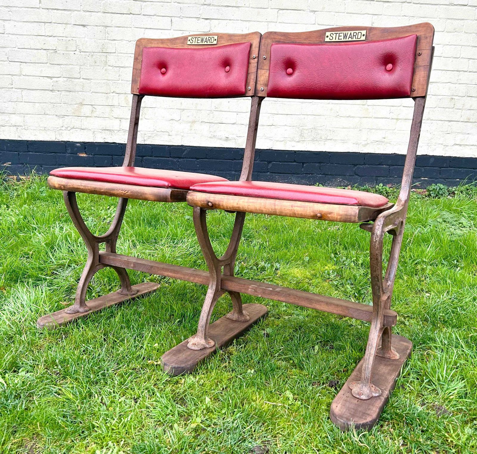 Vintage Two Seater Folding Theatre Cinema Chairs Antique Industrial Retro Hall Hallway Opera Stacking Art Deco