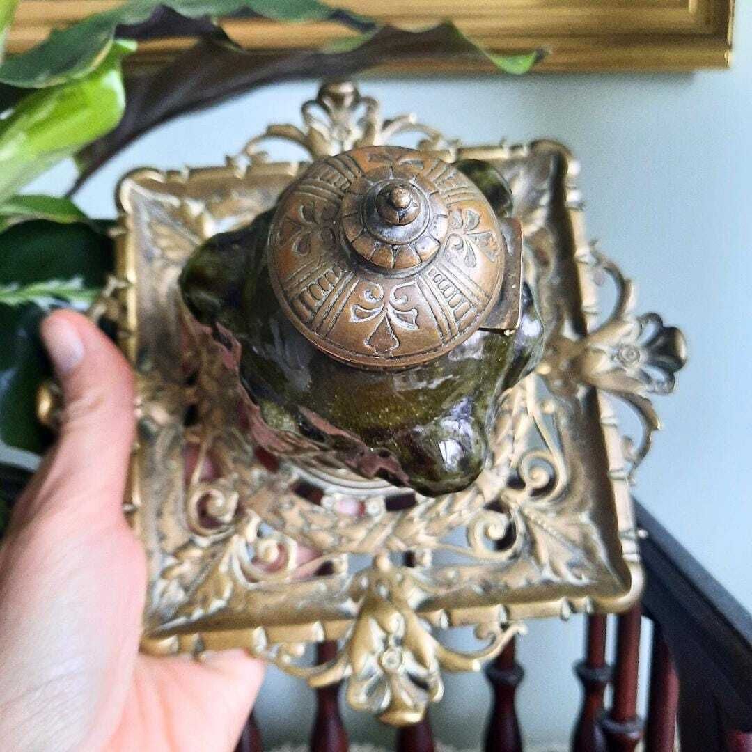Antique Brass Linthorpe Pottery Inkwell With Cherub Faces And Ornate Decoration Made In 1905 photo furniture