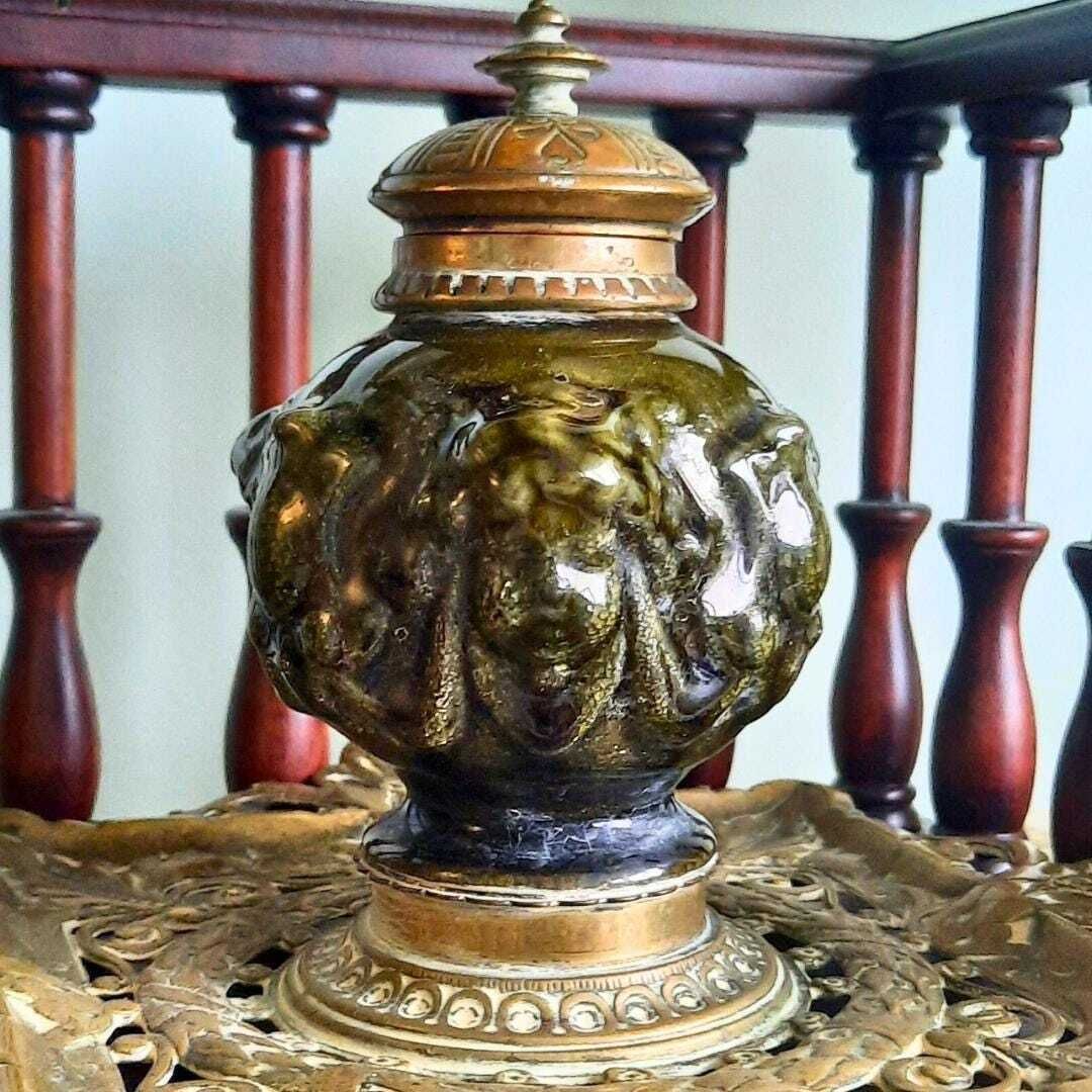 Antique Brass Linthorpe Pottery Inkwell With Cherub Faces And Ornate Decoration Made In 1905 photo for sale