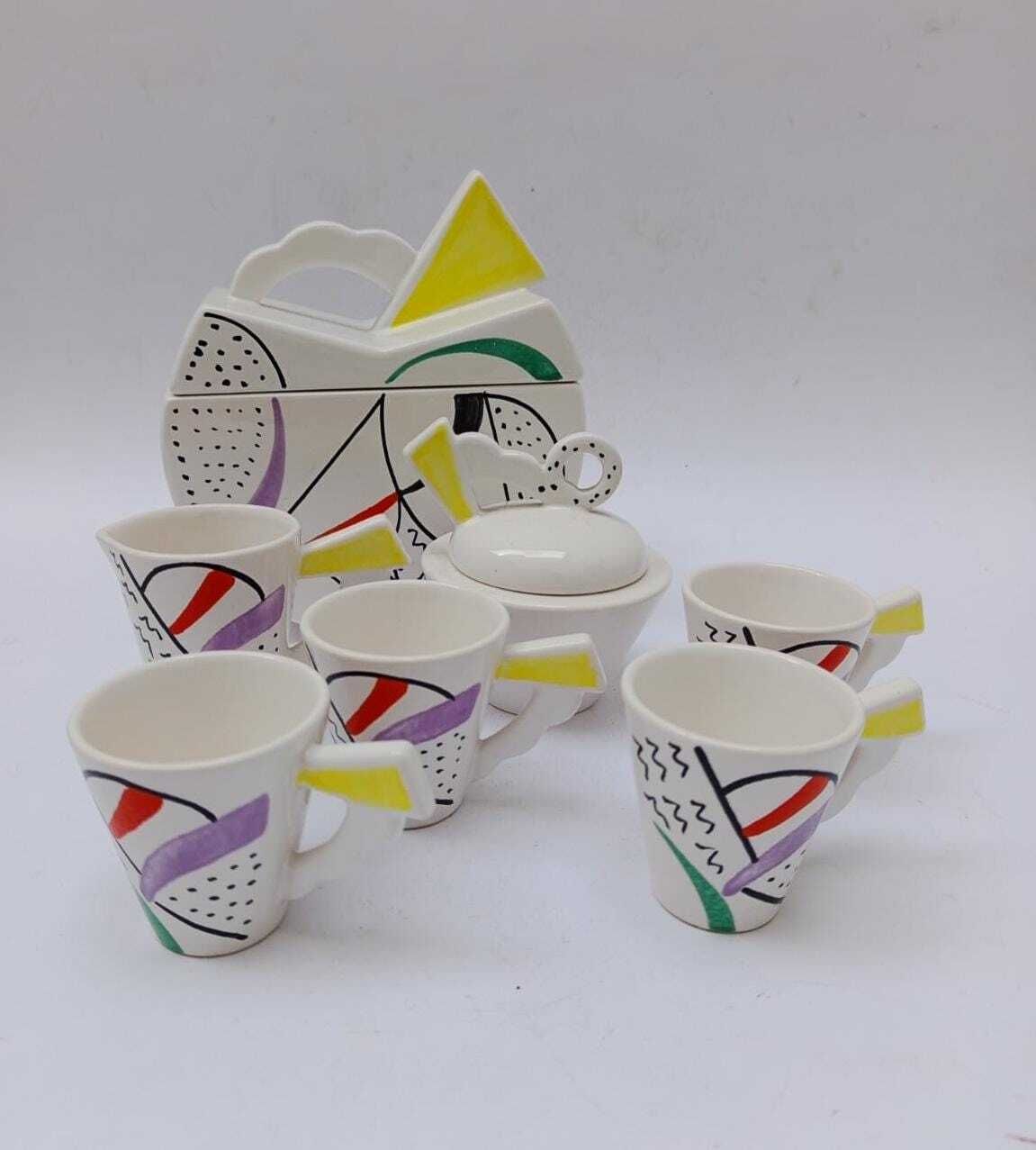 Memphis Style Postmodern Sic Ceramic Coffee Set, Vintage, Biscuit Tin And 4 Cups
