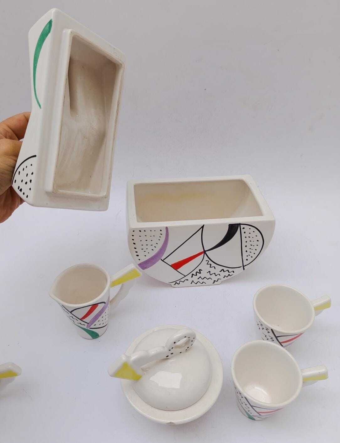 Memphis Style Postmodern Sic Ceramic Coffee Set, Vintage, Biscuit Tin And 4 Cups photo vinterior
