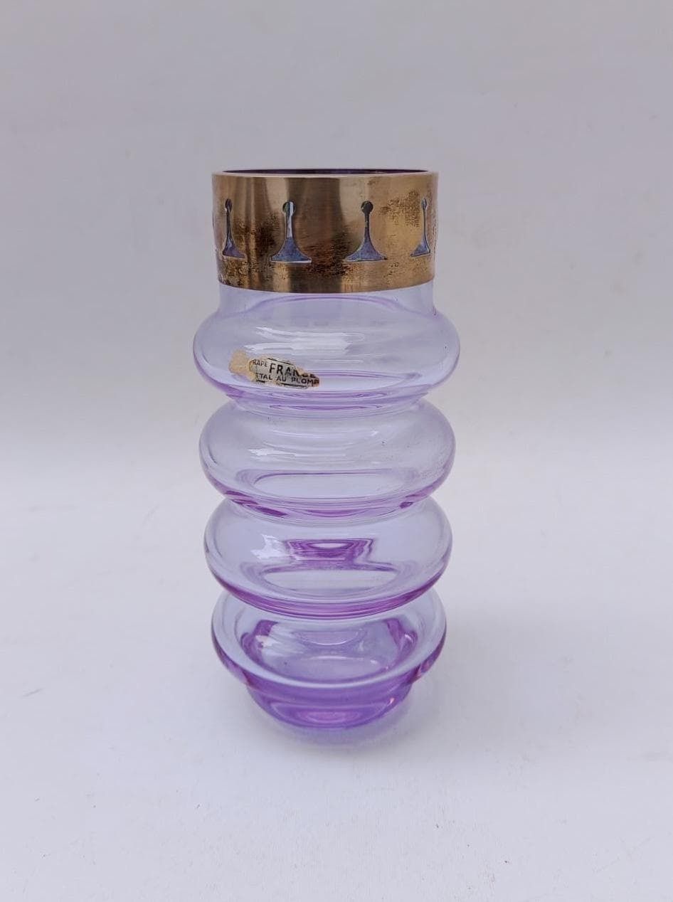 Crystal Vase With 800 Silver Band, Vintage Design By Claude Cuny, Purple Glass