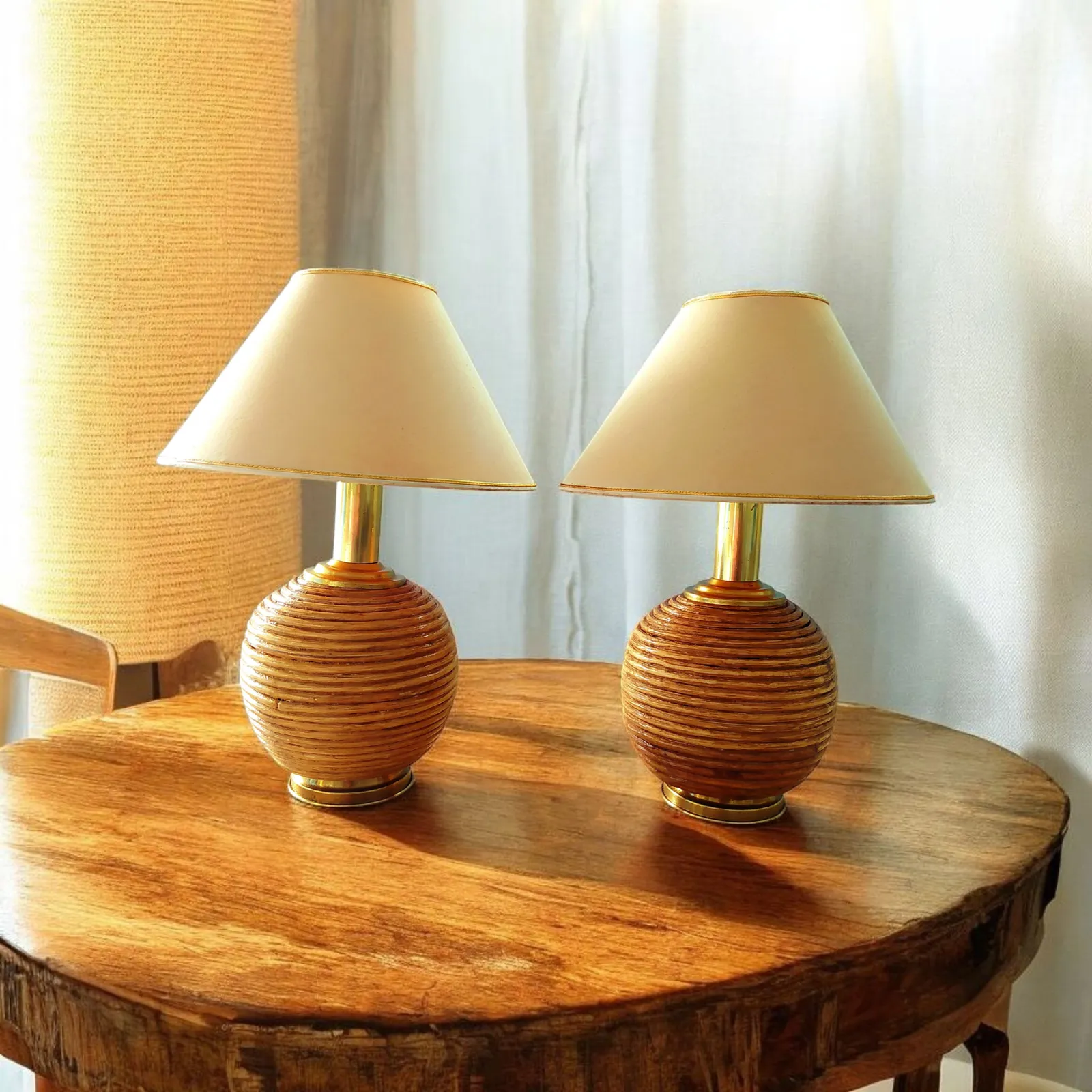 Lighting Pair  Of 1970's Pencil Reed Table Lamps photo