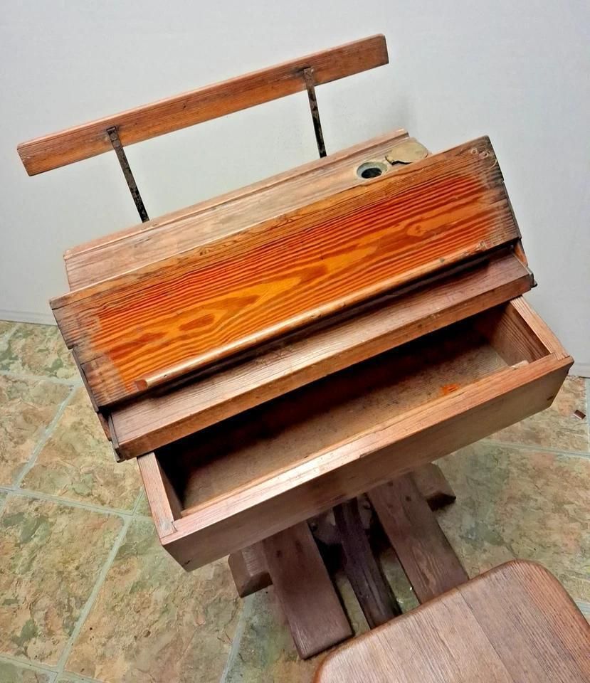 Antique Victorian School Desk With Chair Sourced From An Old Welsh School photo vintage