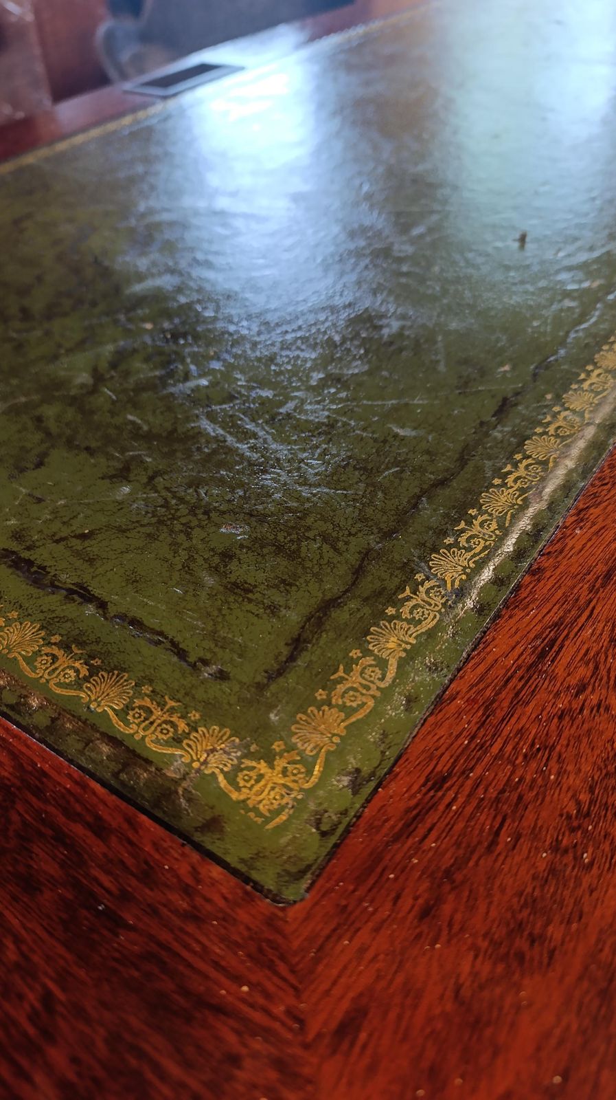 Reproduction Mahogany Veneer Desk With Tooled Leather Top photo vintage
