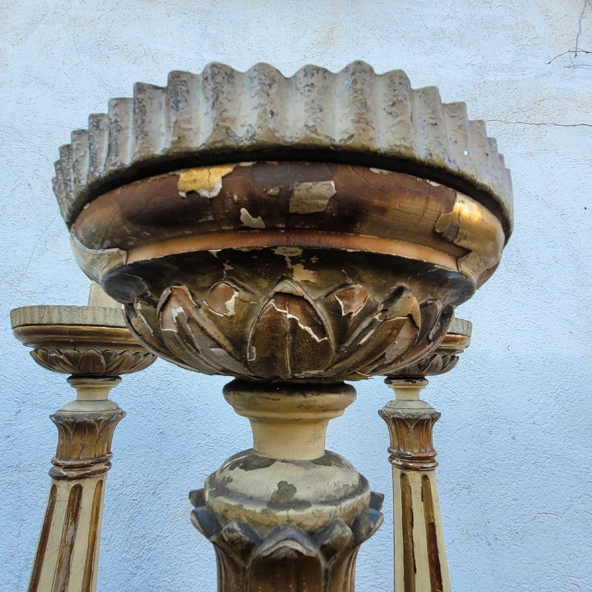 Set Of 6 Large Lacquered And Gilded Wooden Candlesticks, H140cm, Early 19th Century photo for sale