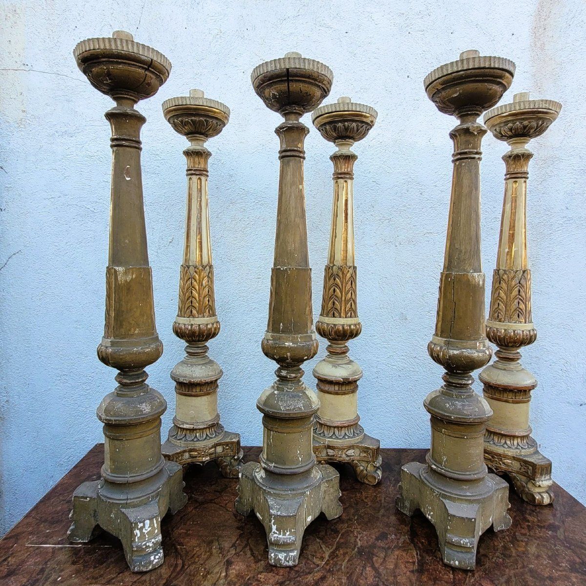 photo furniture Set Of 6 Large Lacquered And Gilded Wooden Candlesticks, H140cm, Early 19th Century