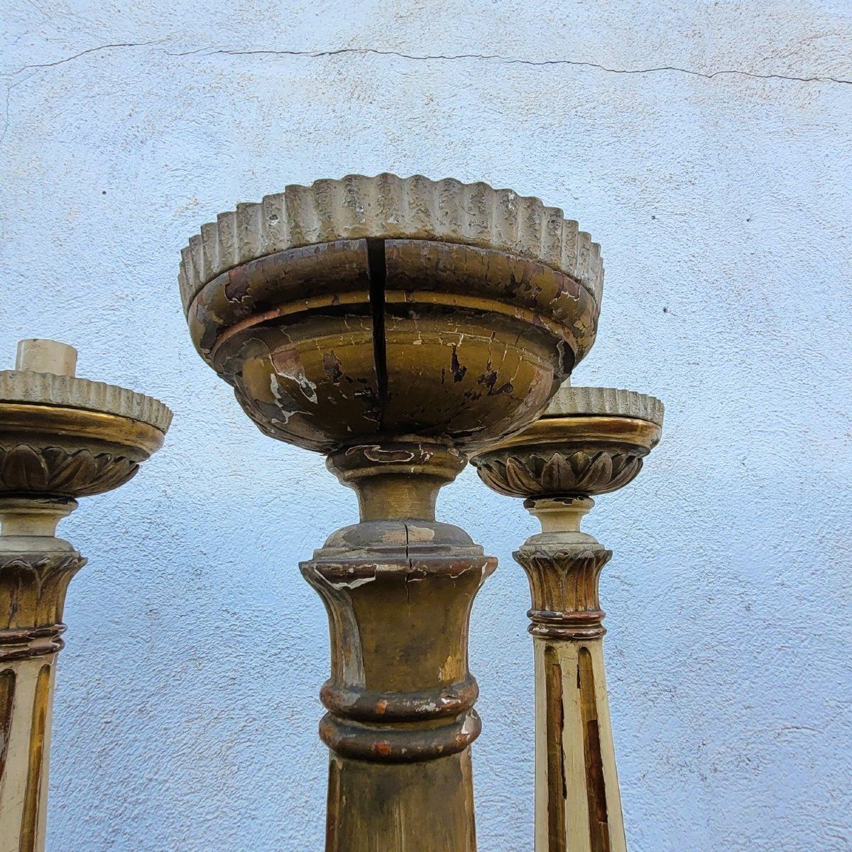 photo for sale Set Of 6 Large Lacquered And Gilded Wooden Candlesticks, H140cm, Early 19th Century