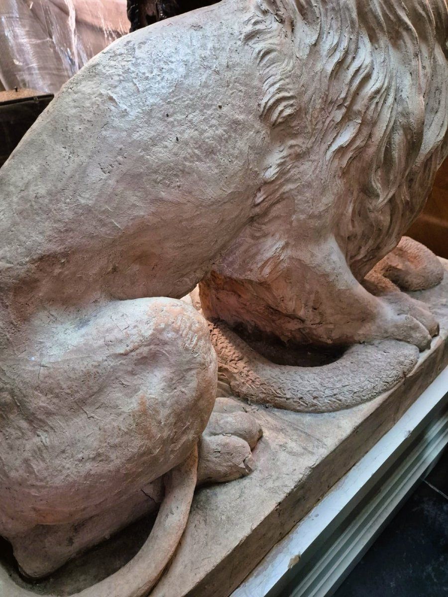 Pair Of Terracotta Lions On A Base, 19th Century photo 8500.0