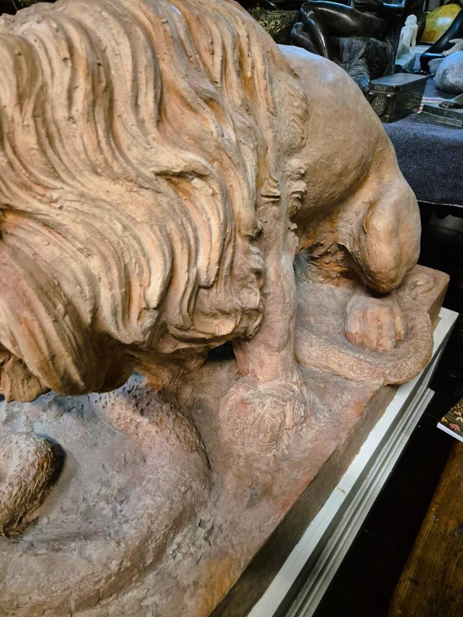 Art Pair Of Terracotta Lions On A Base, 19th Century photo