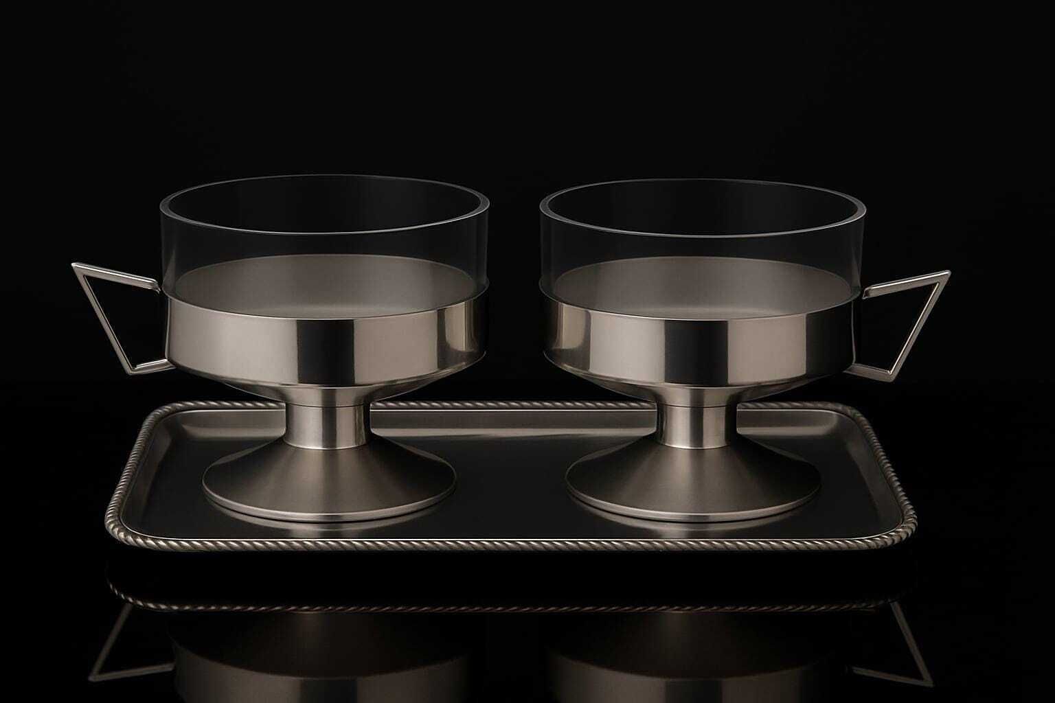 Vintage 1930s German Silver Plated Messing Versilbert Cups With Glass Inserts + Tray | Late Art Deco | Set Of 2