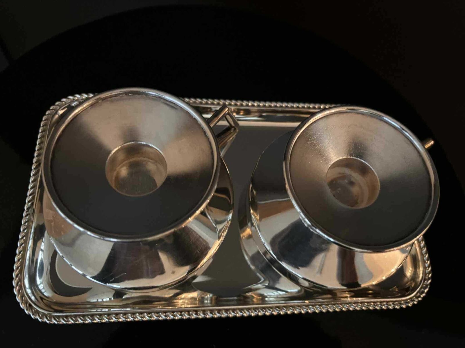 Vintage 1930s German Silver Plated Messing Versilbert Cups With Glass Inserts + Tray | Late Art Deco | Set Of 2 photo buy