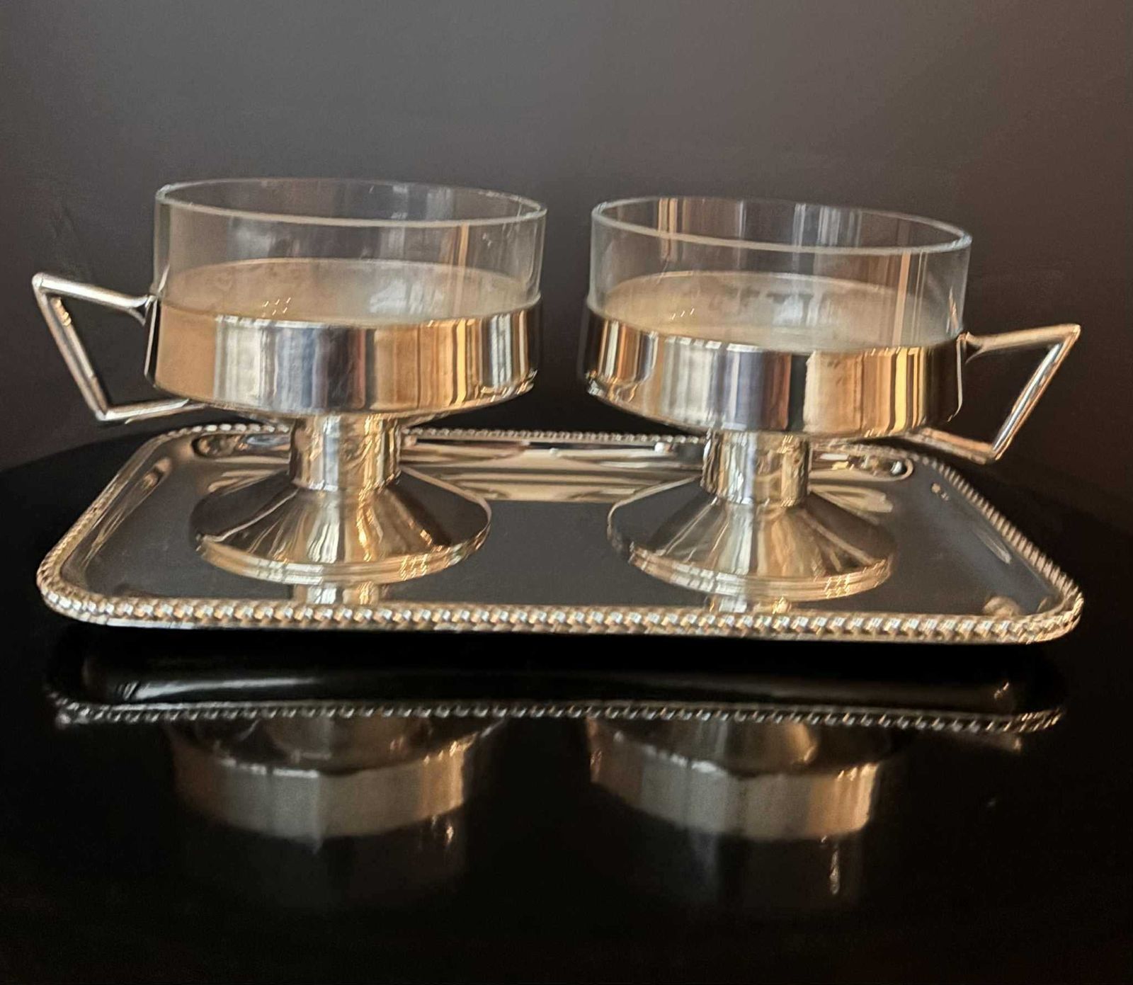 photo furniture Vintage 1930s German Silver Plated Messing Versilbert Cups With Glass Inserts + Tray | Late Art Deco | Set Of 2