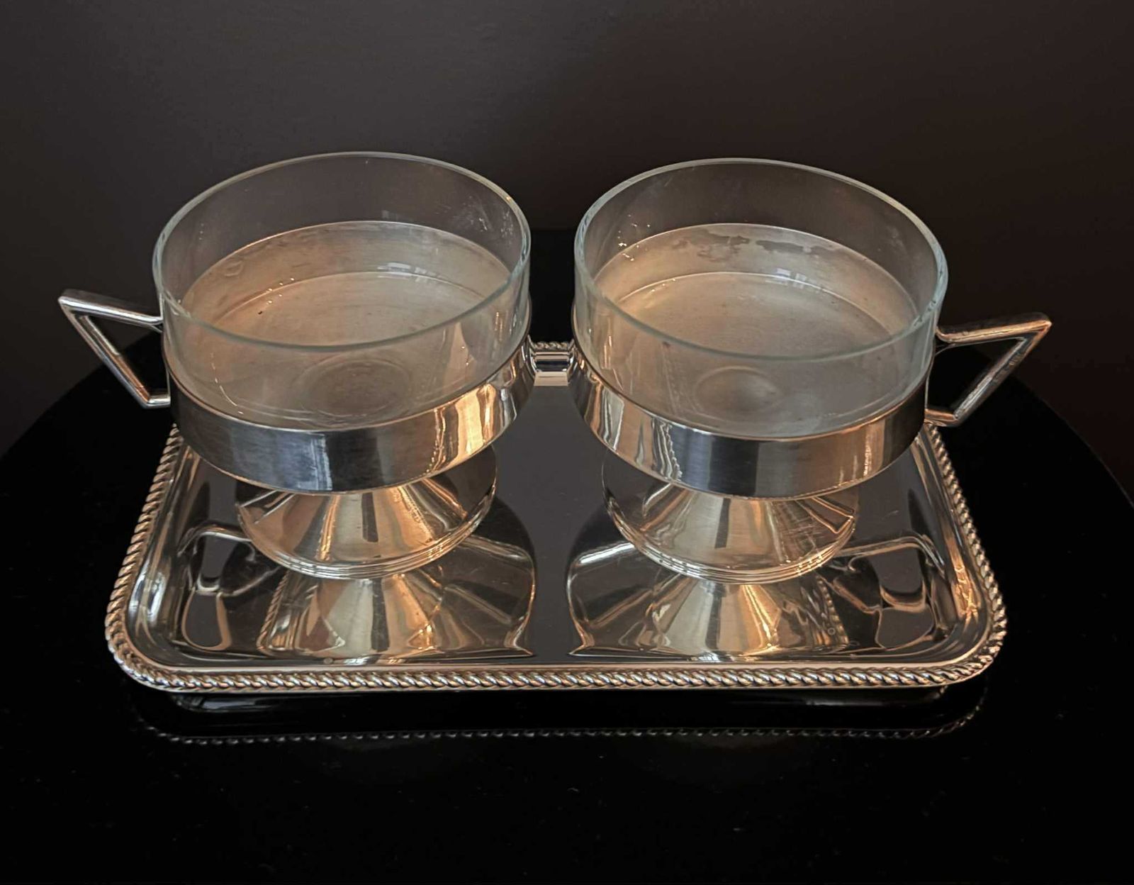 photo for sale Vintage 1930s German Silver Plated Messing Versilbert Cups With Glass Inserts + Tray | Late Art Deco | Set Of 2
